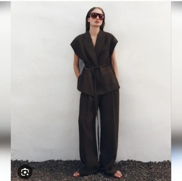 Zara Set 2 Pc Linen Blend Waistcoat Wrap Vest and Pants Brown Size S/M - Picture 6 of 15